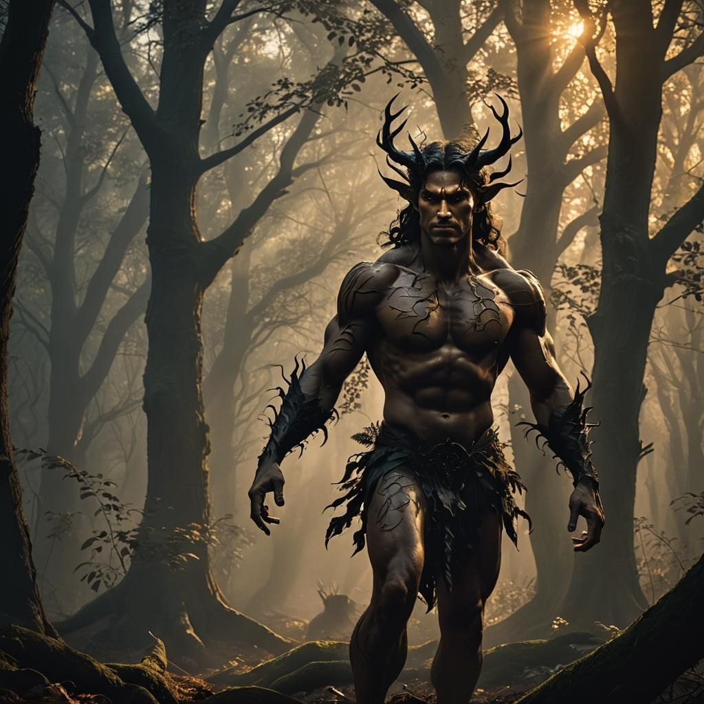 Incubus in Shadowy Forest: Hyperrealistic Dark Fantasy