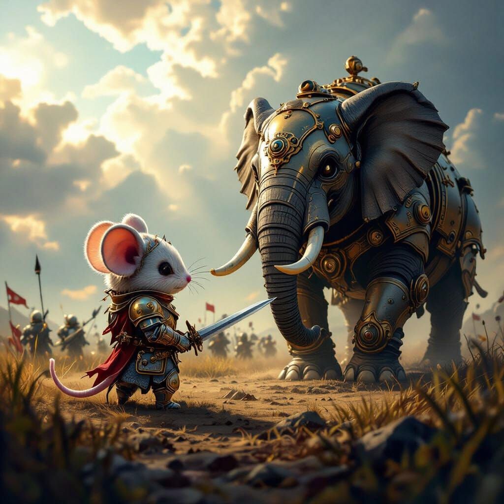 Chibi Mouse Knight Faces Steampunk War Elephant