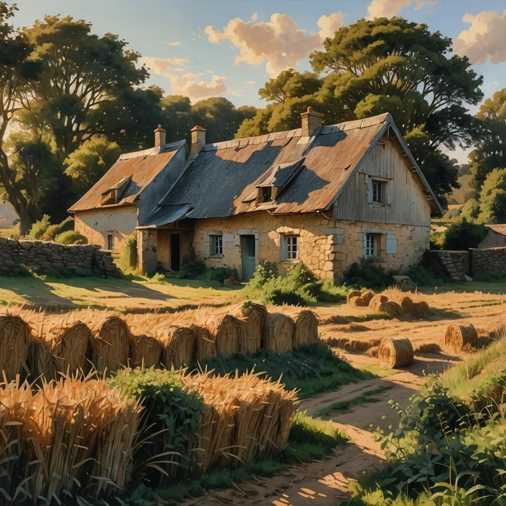 Brittany Farmhouse in Impressionistic Style at Golden Hour