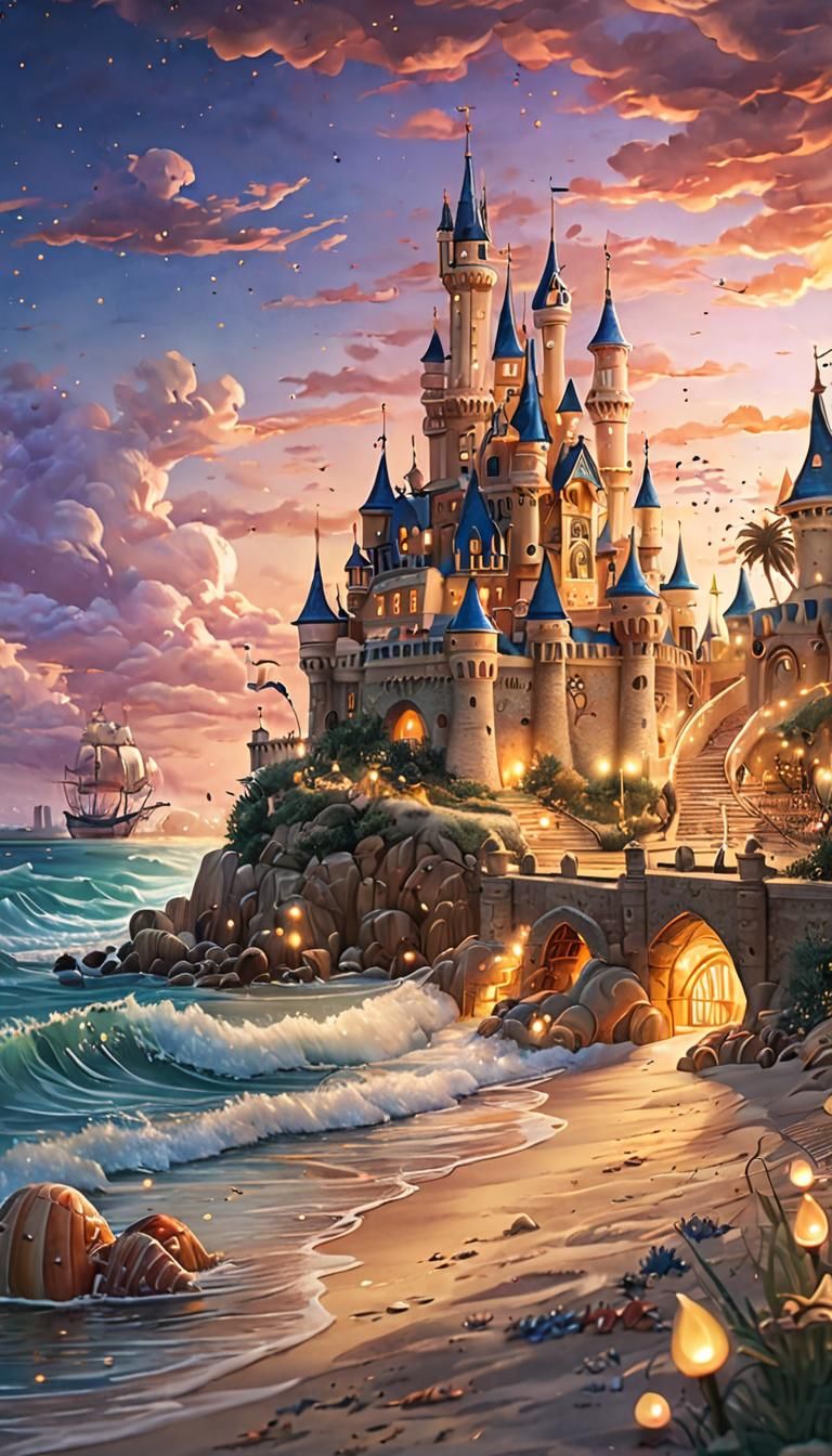 Magical Sandcastles at Sunset in Disney Style