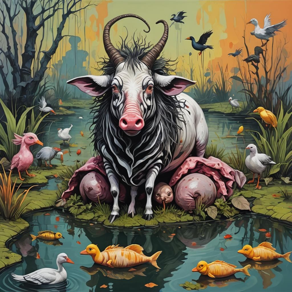 Mad Duck Rides Pig-Goat in Pond of Fish