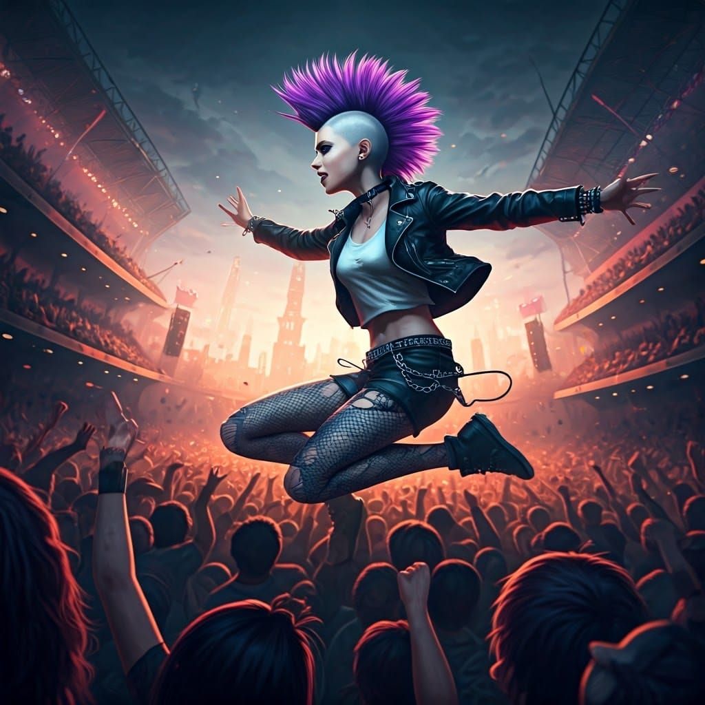 Rock Girl Jumps into Mosh Pit in Fantasy Arena