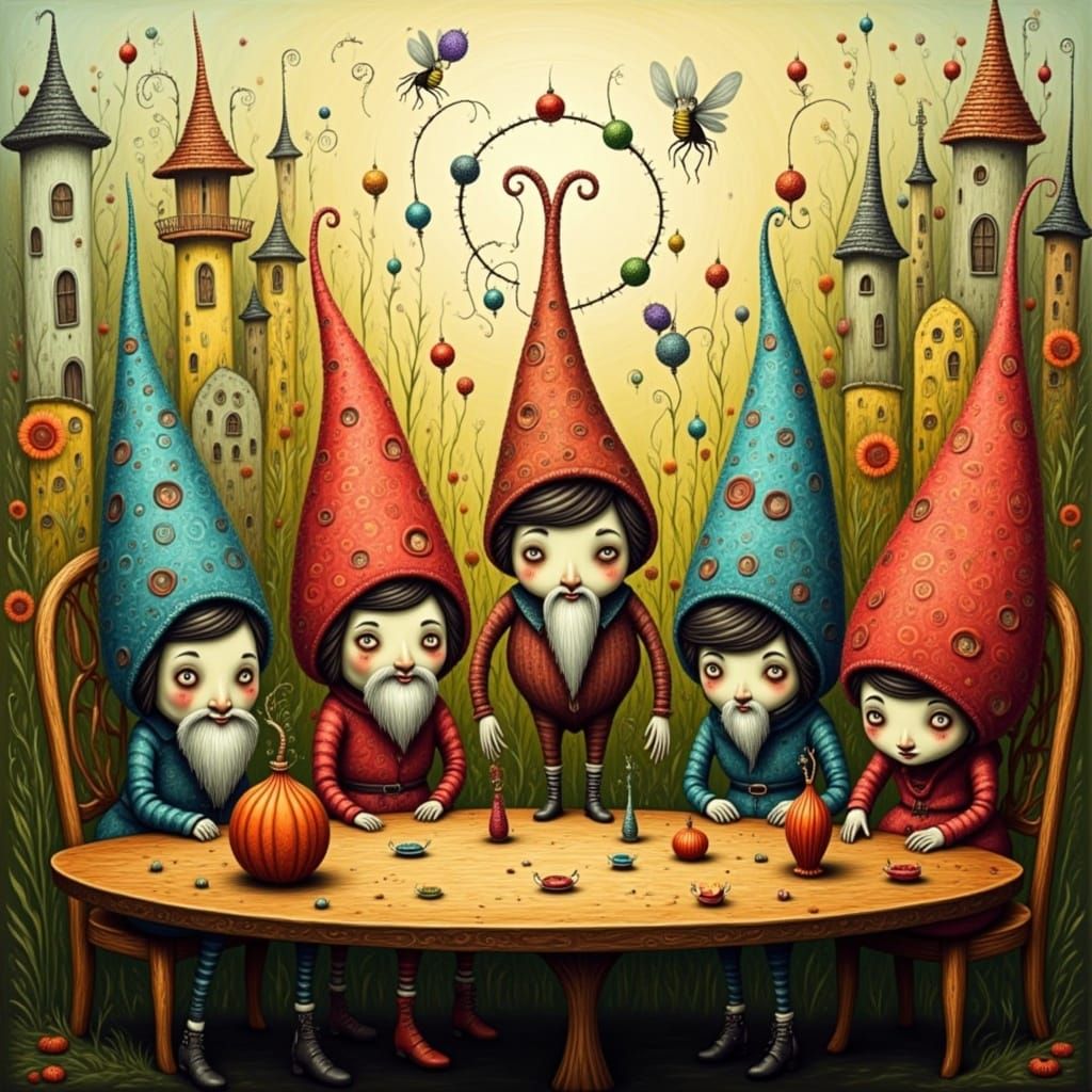 Gnomes in a Vibrant Surrealist Celebration