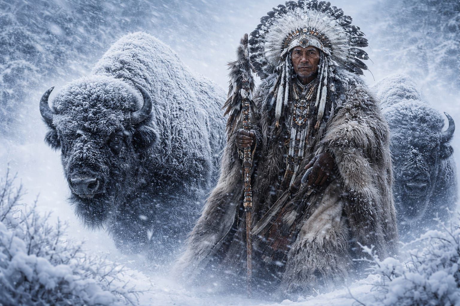 Indigenous Chief Braves Wyoming Blizzard with Bison