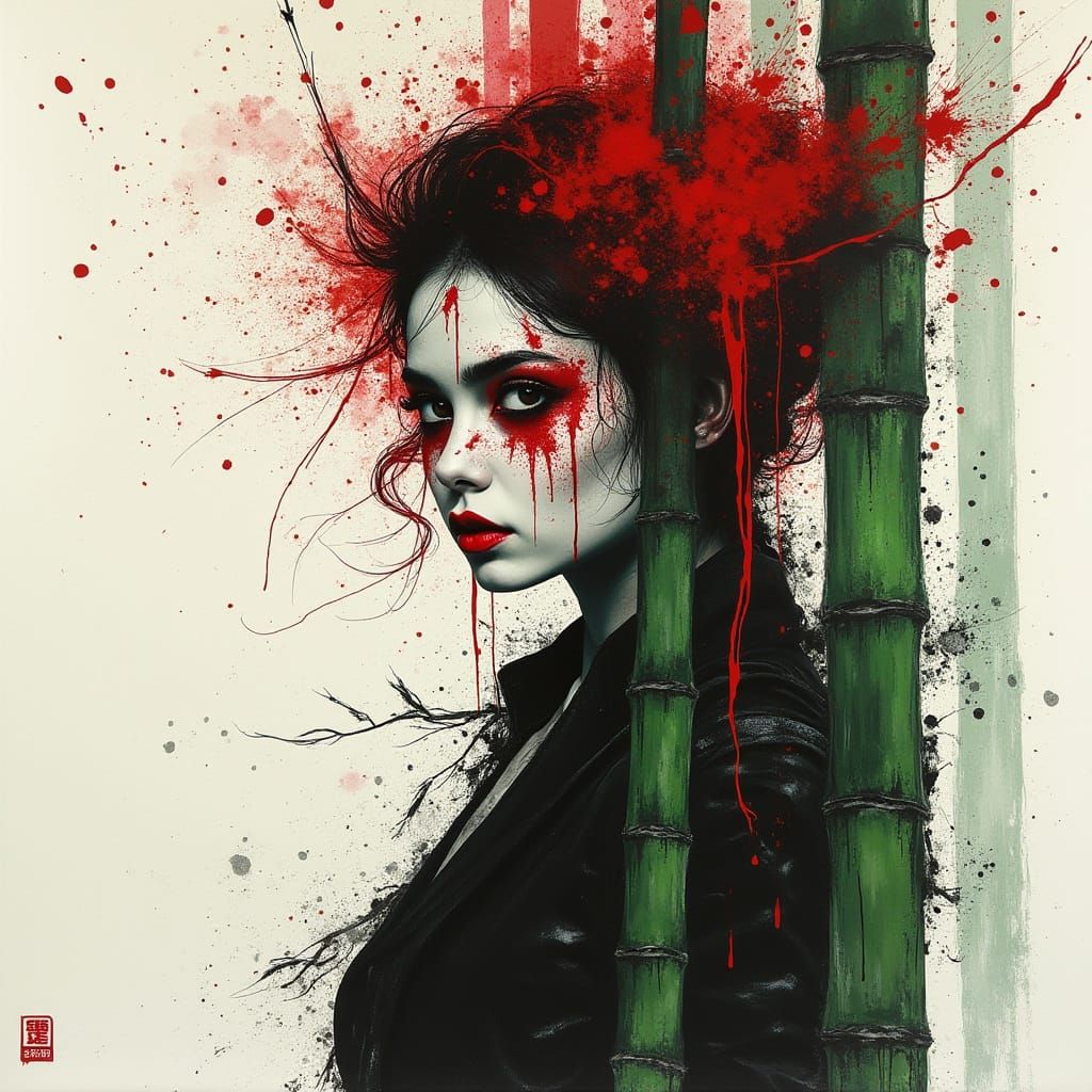 Abstract Red Woman and Green Bamboo Illustration