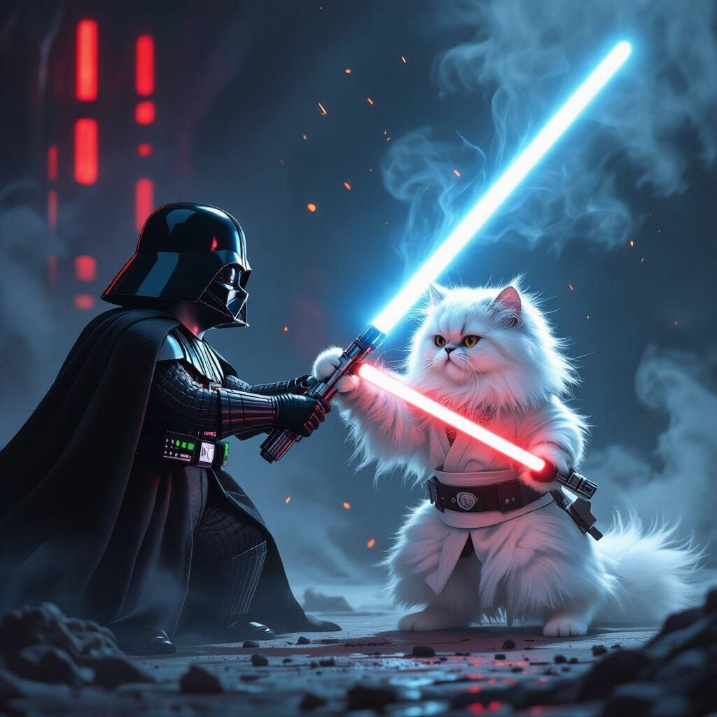 Fluffy Jedi Cat Battles Darth Vader in Dramatic Light