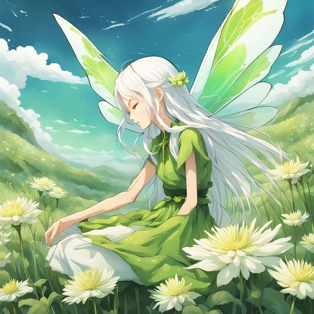 Lime-haired Fairy on Flower, in 3D Digital Art