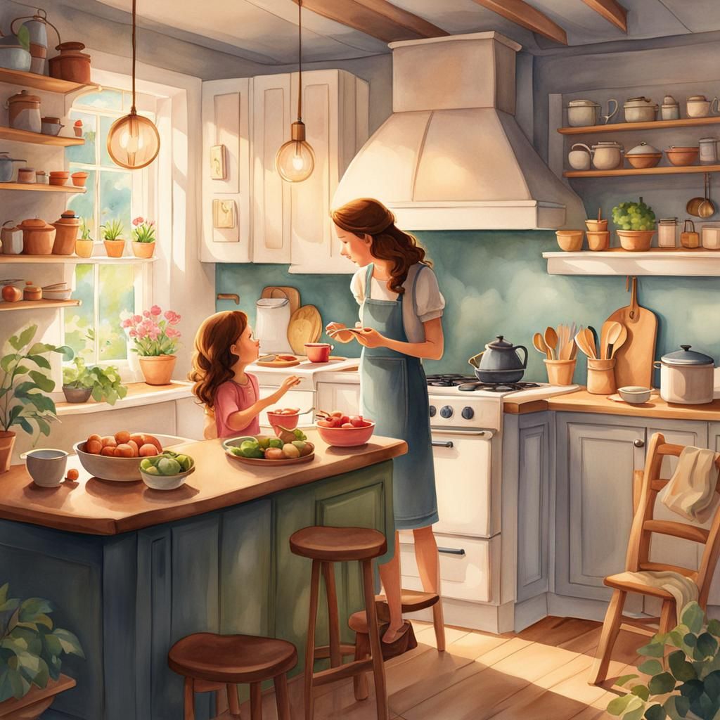 Heartfelt Mother-Daughter Moment in Watercolor Style