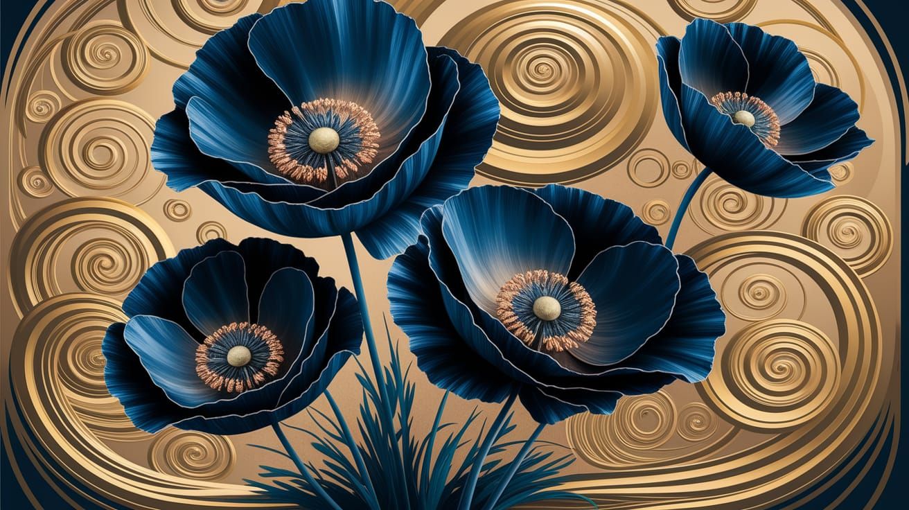 Luxurious Dark Blue Poppies in Golden Splendor