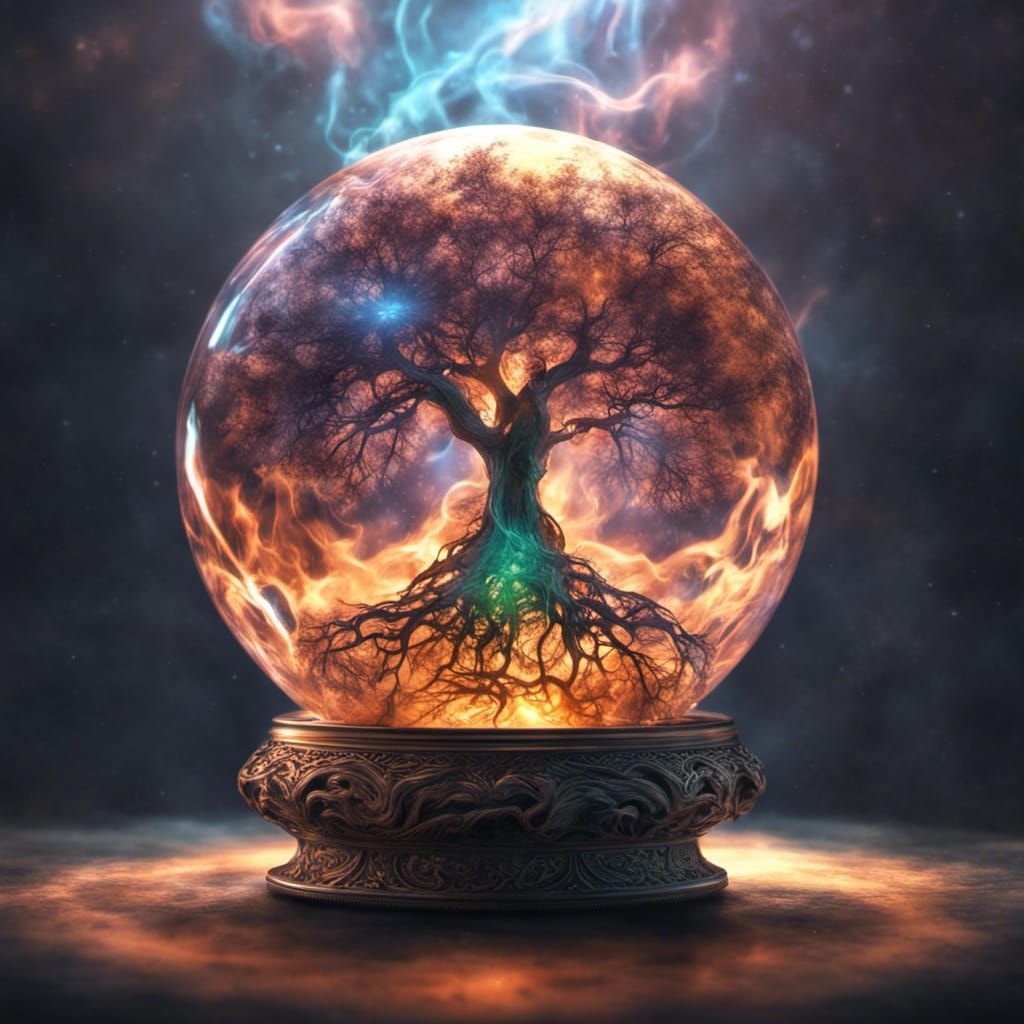 Cosmic Glass Orb with Yggdrasil Smoke Filigree