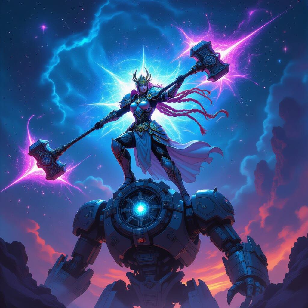 Celestial Valkyrie on Clockwork Golem in Biomechanical Style