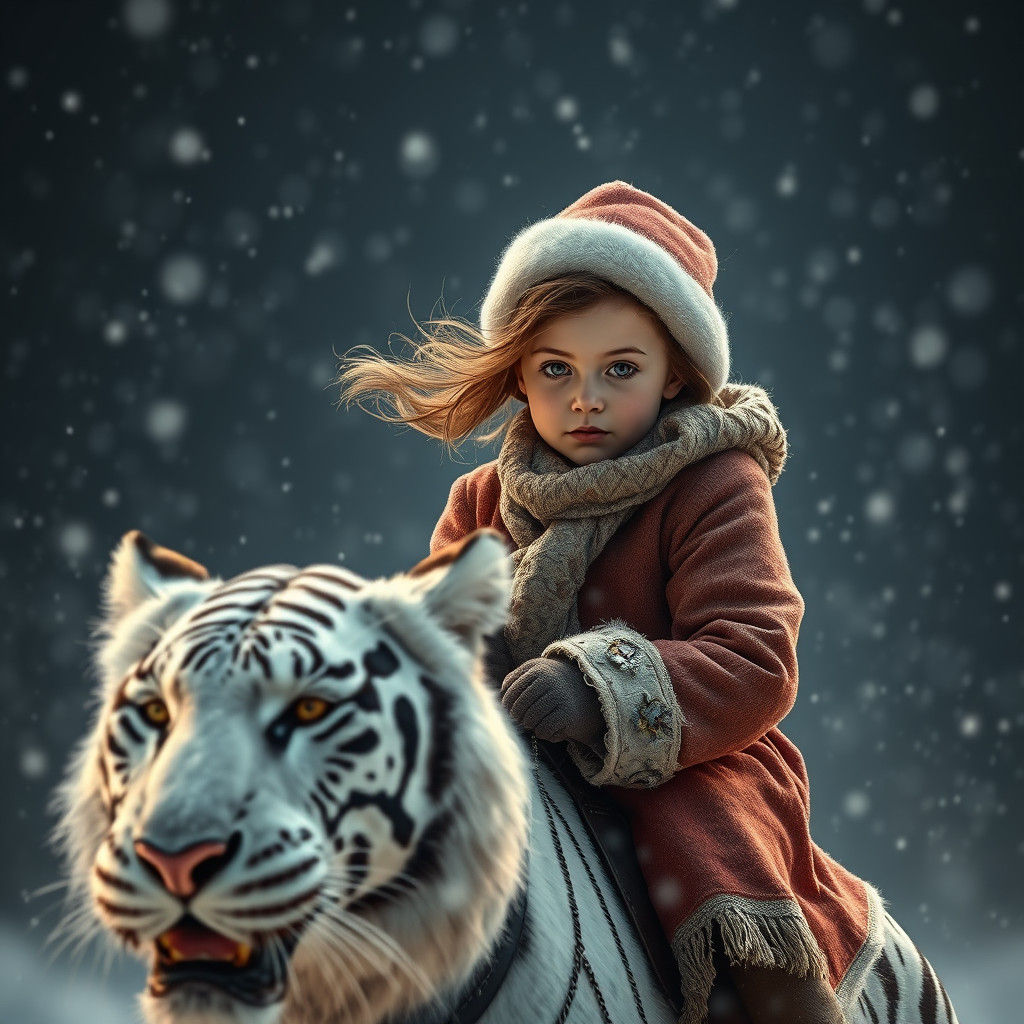 Girl Rides Snow Tiger in Winter Storm