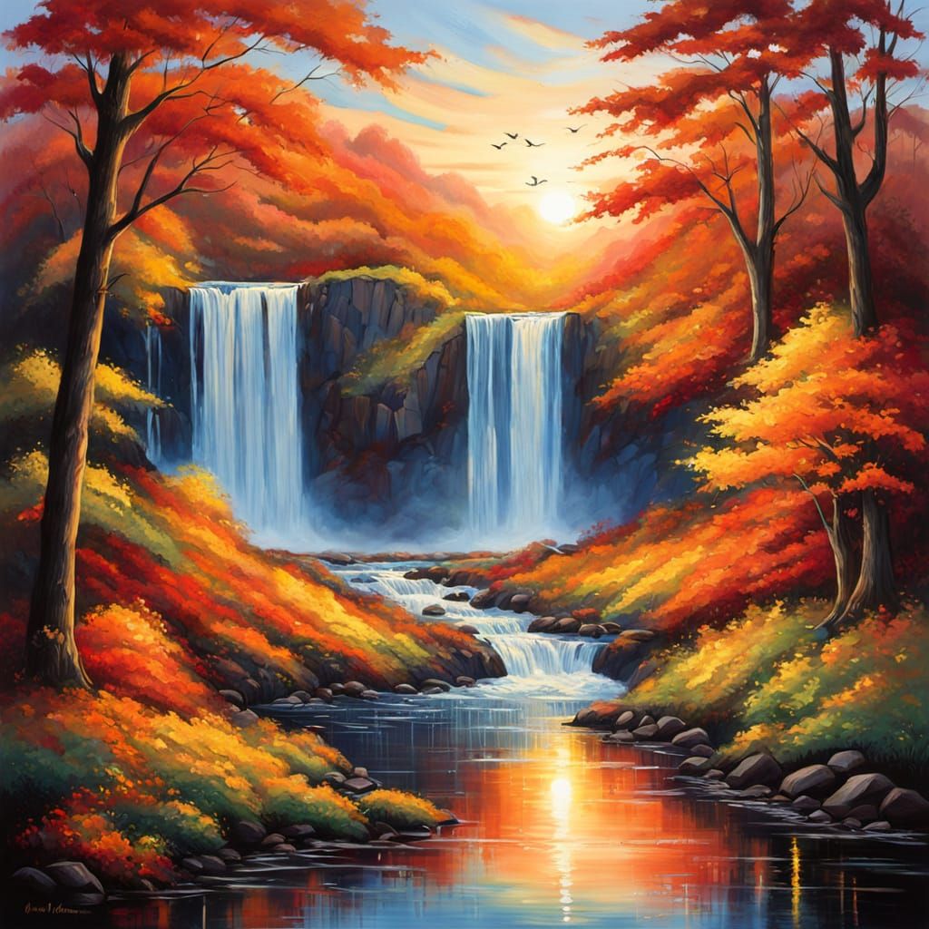 Vibrant Autumn Waterfall at Dawn in Magical Realism Style