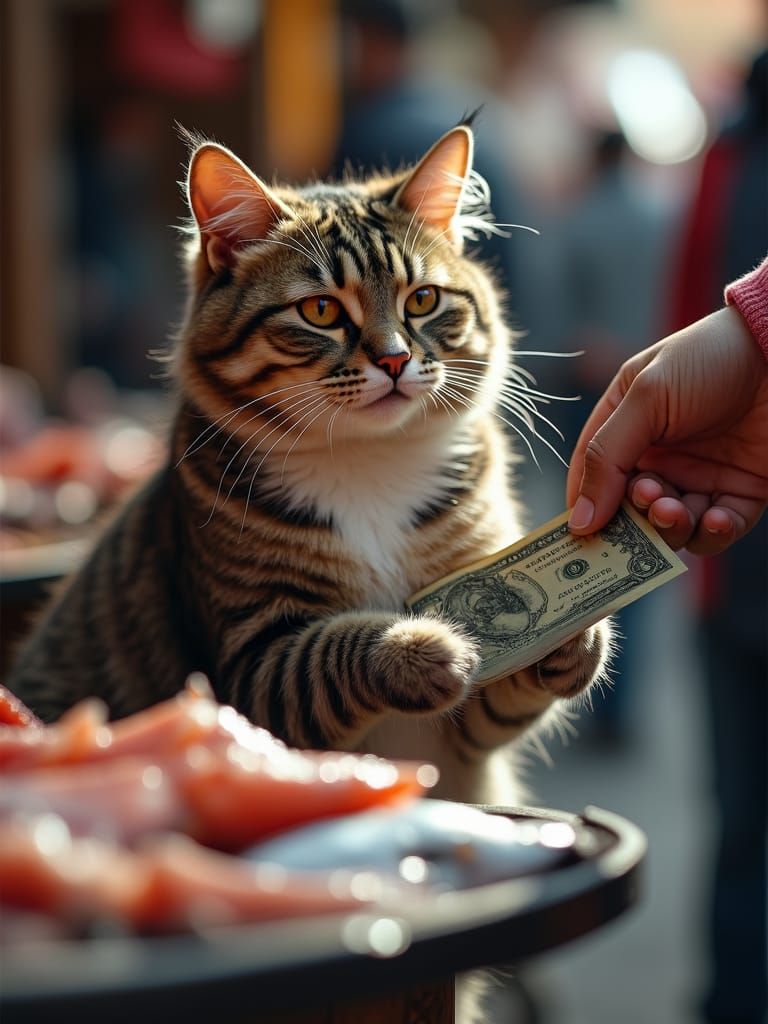 Cat Fishmonger Accepts Payment, Digital Art
