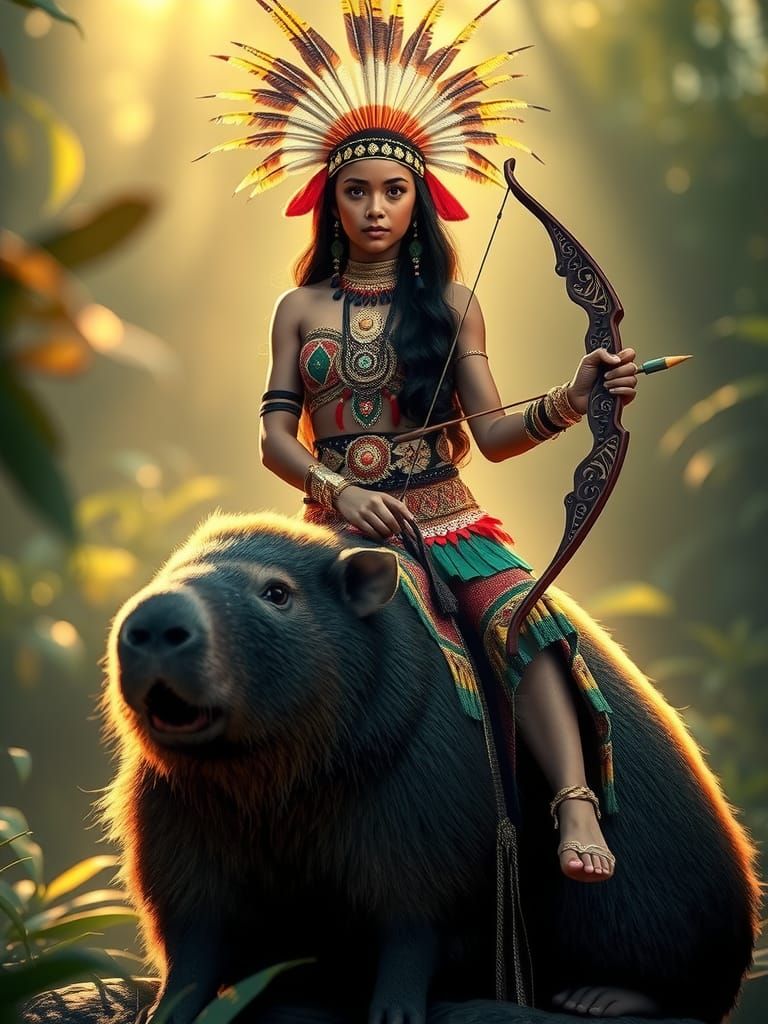 Amazon Girl Superhero on Capybara in Lush Forest