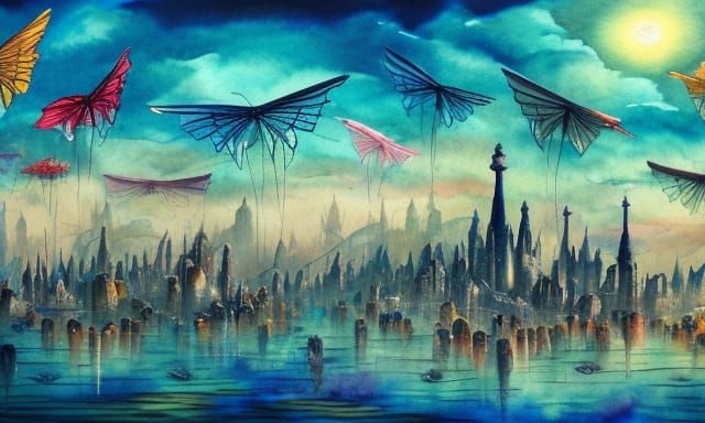 Fantastical Flooded City in Watercolour Painting Style