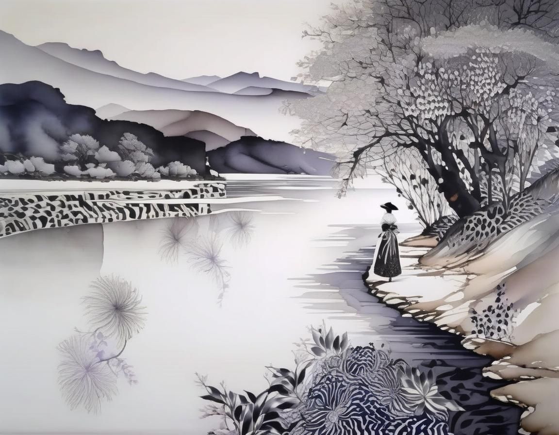 Woman Walking by River in Landscape Painting