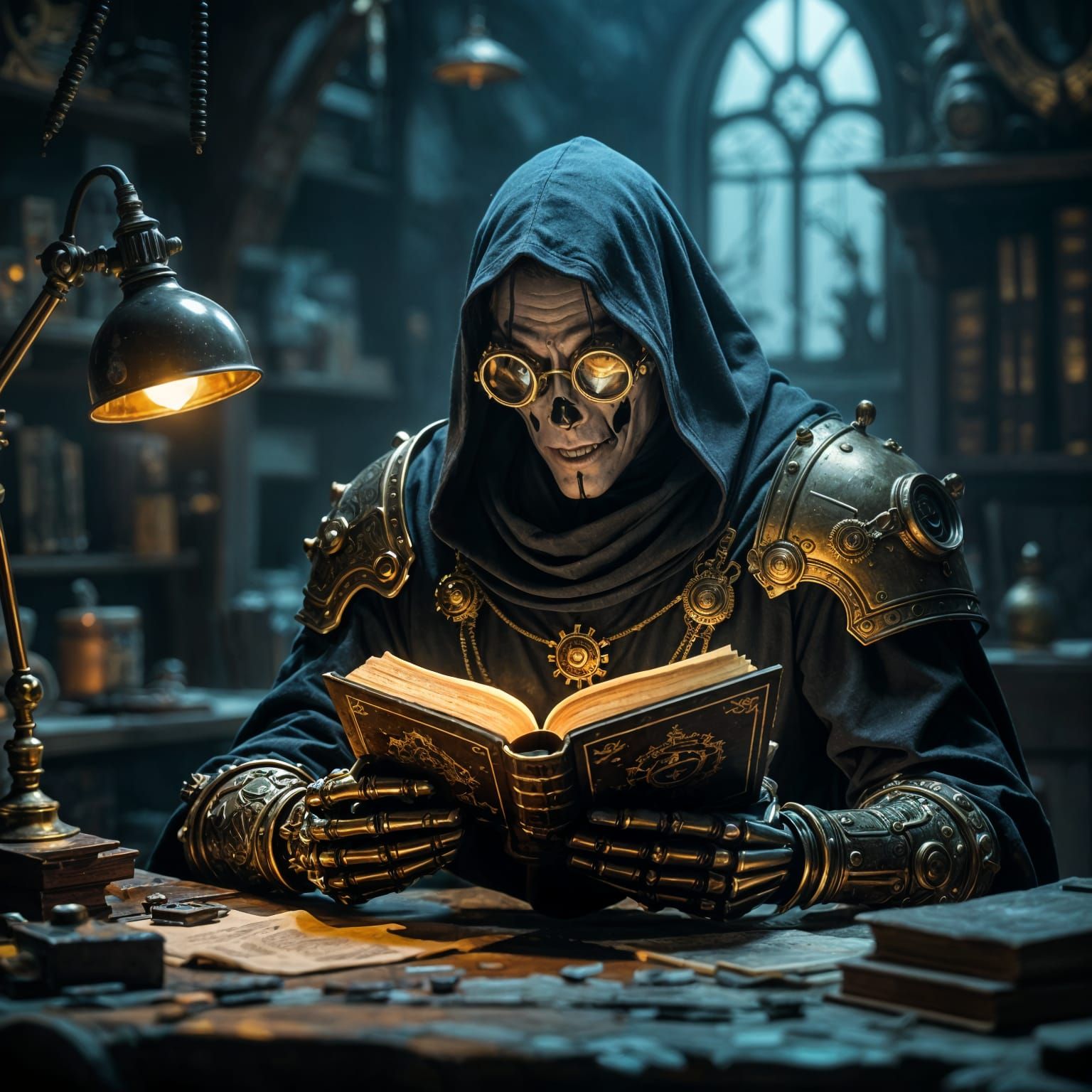 Dark Fantasy Lich Mage with Mechanical Arm Reads Ancient Tom...