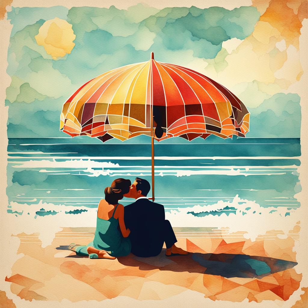 Romantic Beach Kiss in Art Deco Watercolor Style