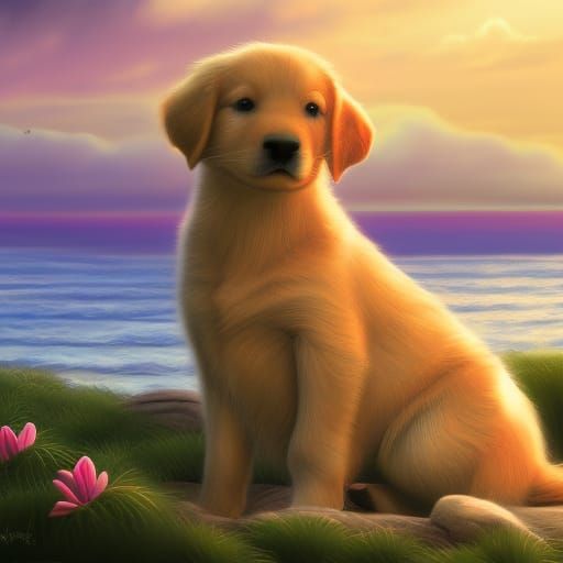 Golden Retriever Puppy at Sunset: Detailed Matte Painting