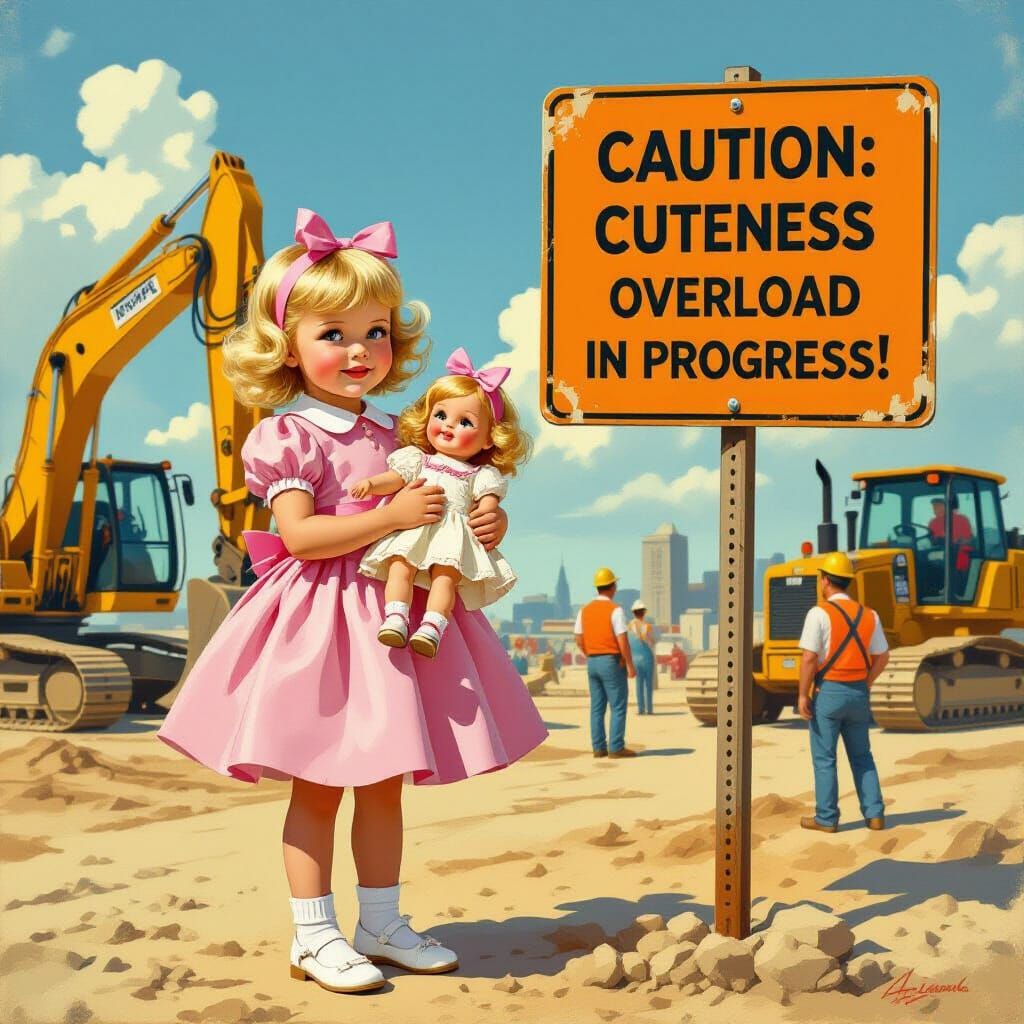 Little Girl on Construction Site in Storybook Style