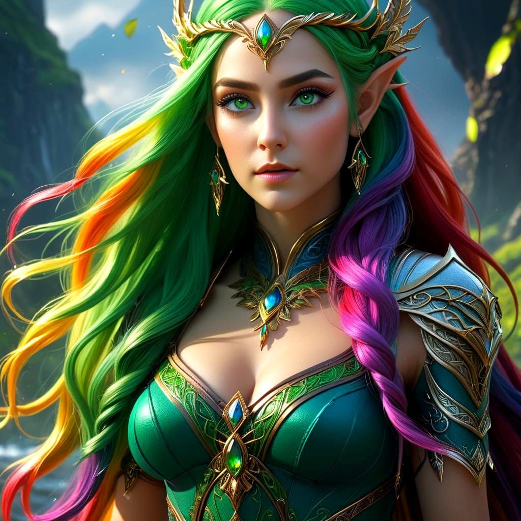 Rainbow Haired Elf in Detailed Digital Painting