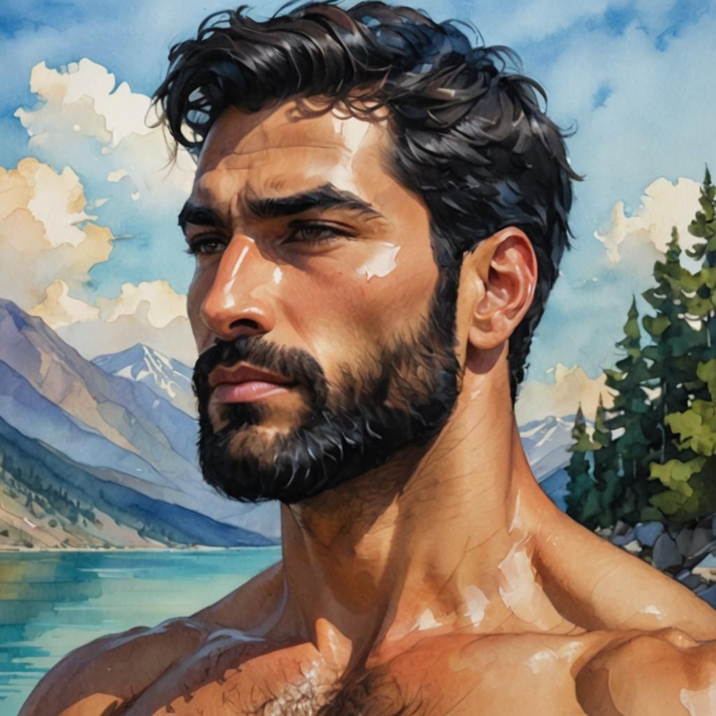 Handsome Hirsute Man in Mountain Lake: Alcohol Ink Art
