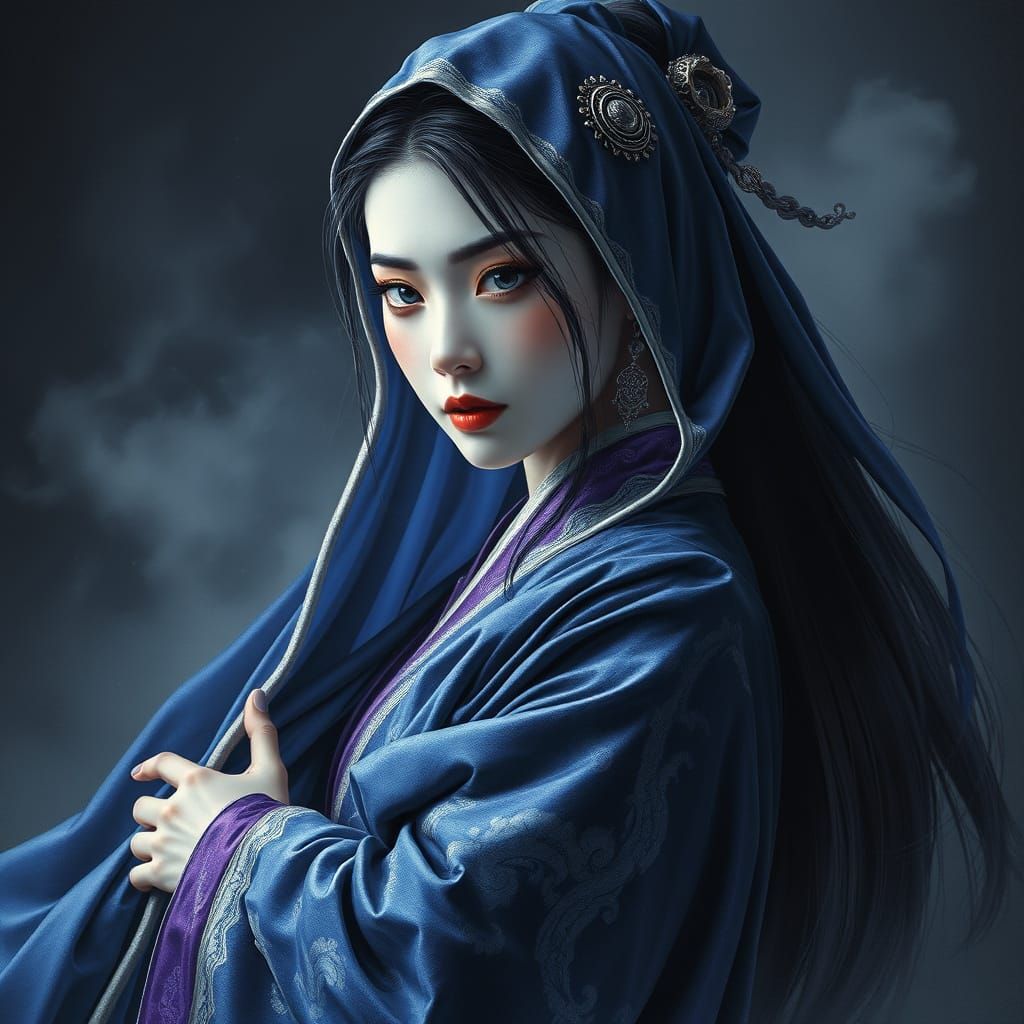 Mystical Sorceress in Dark, Iridescent Robes