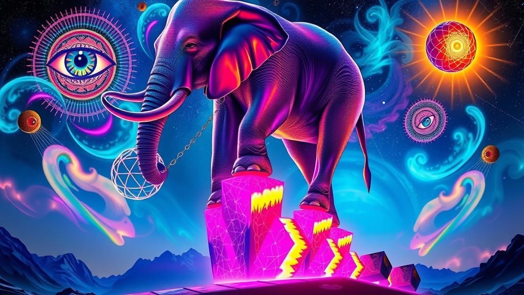 Surreal Elephant Balances on Neon Cubes in Dreamlike Scene