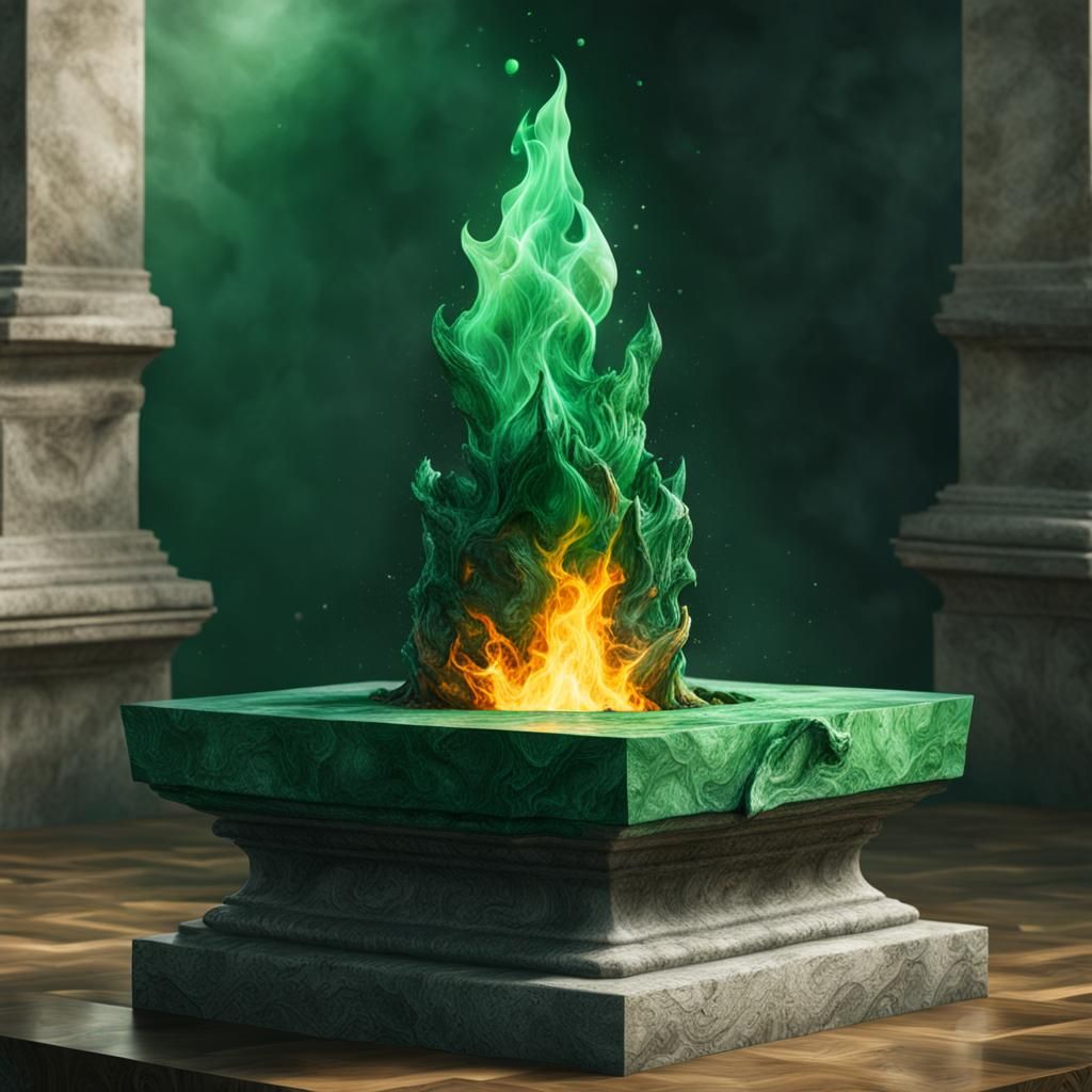 A green flame on the natural stone pedestal