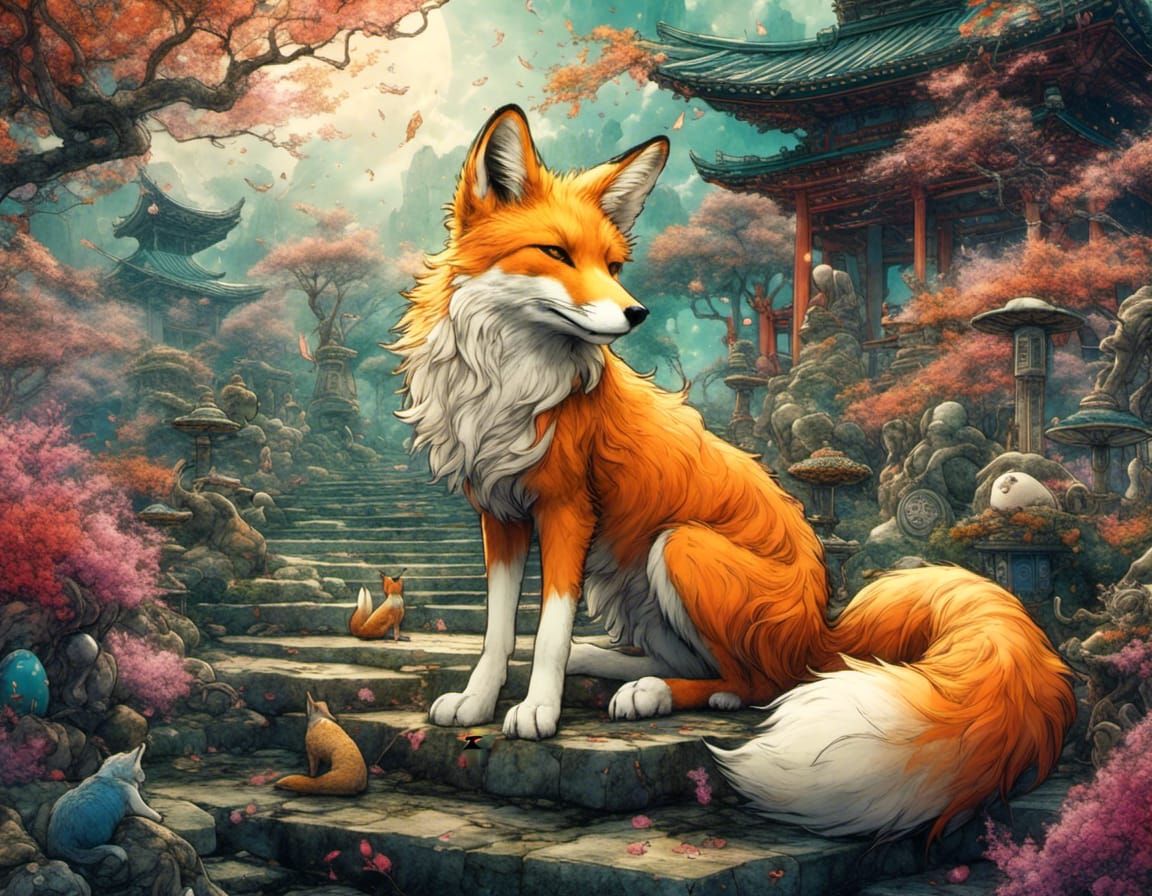 Whimsical Kitsune in Zen Garden: Dreamlike Digital Art