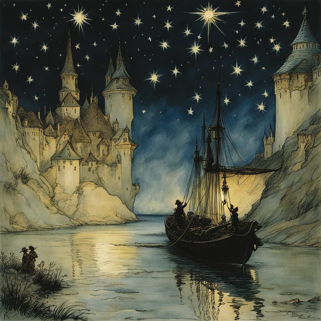Fairytale Port Scene Under Starry Sky, Rackham Style