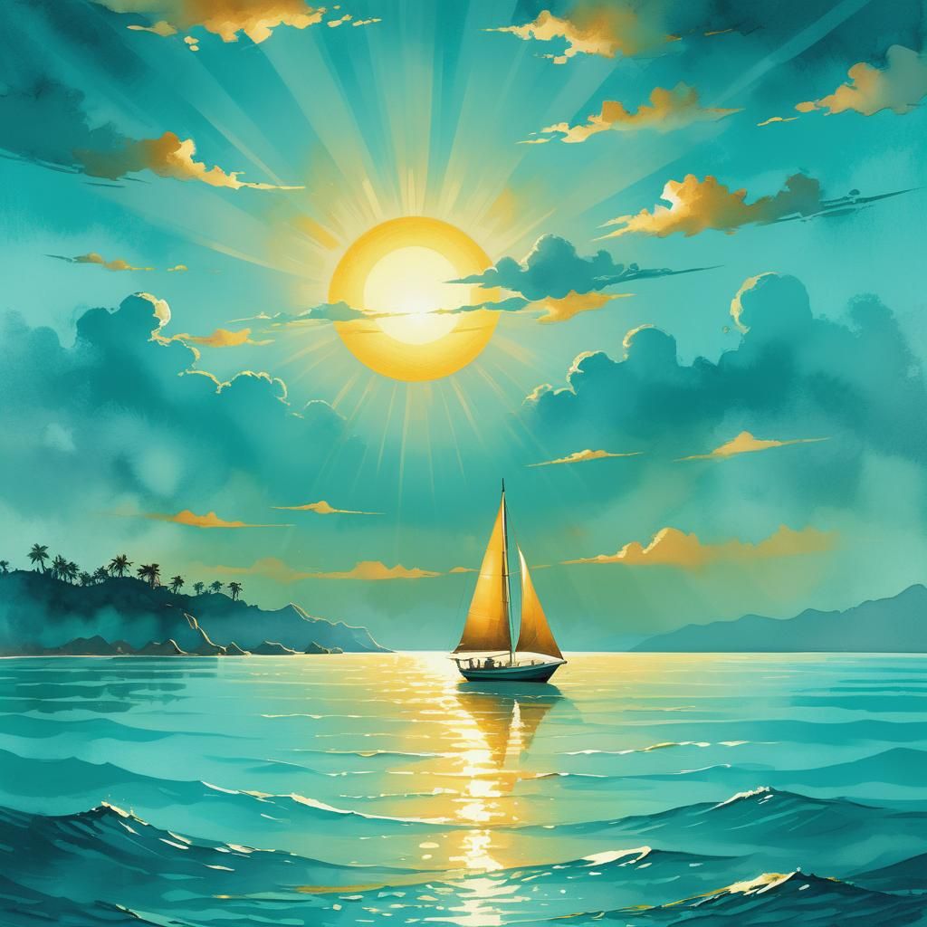 Turquoise Sailboat Silhouetted by Rising Sun