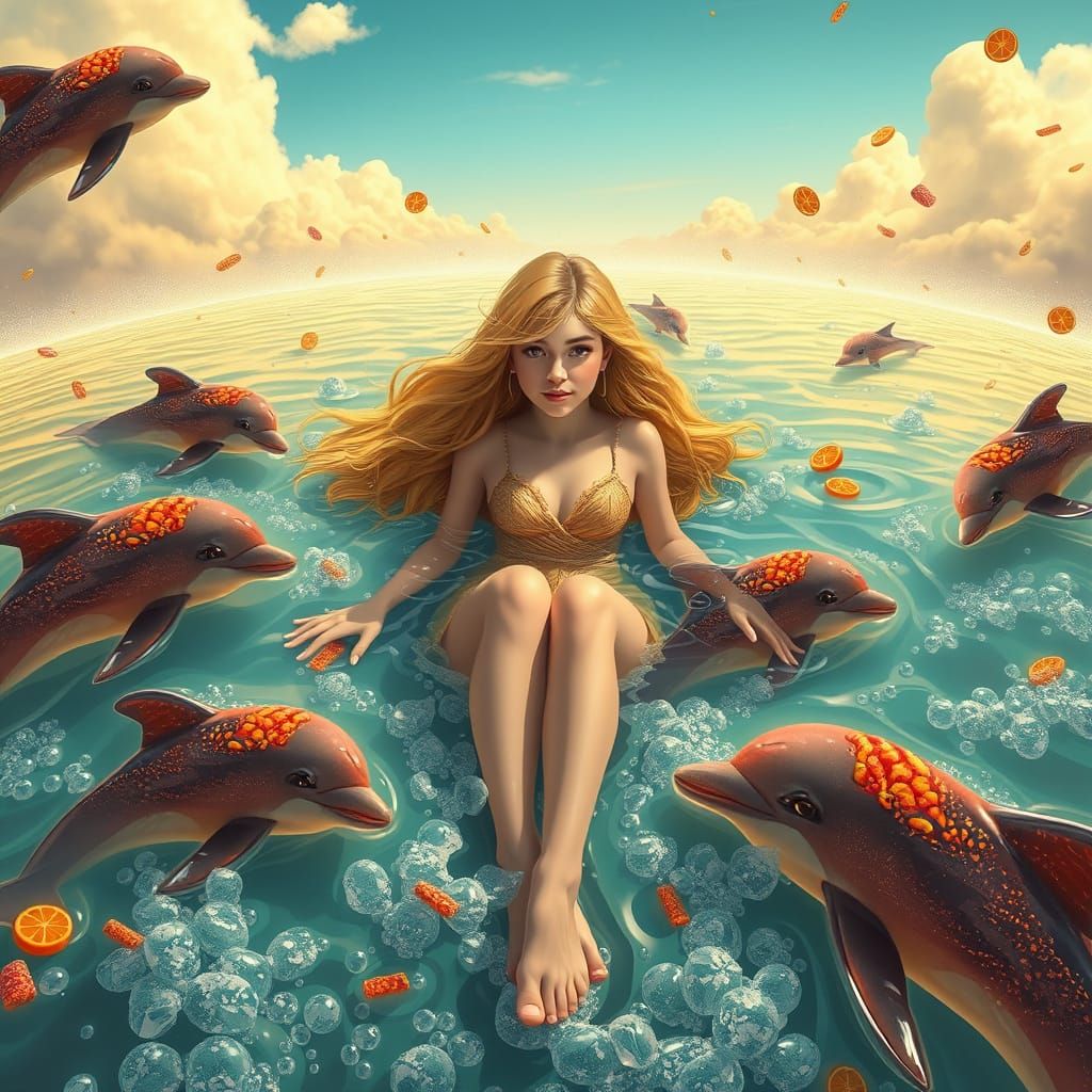 Dreamlike Soda Sea with Candy Dolphins, Digital Art