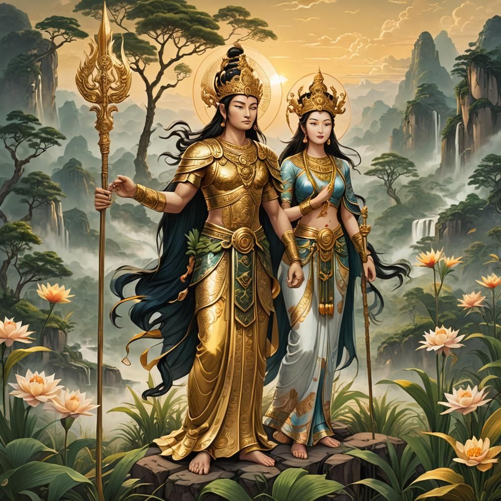 Divine Duo: God and Goddess on Celestial Landscape