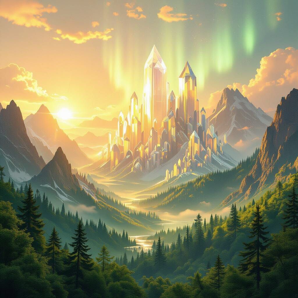 Dreamlike Landscape with Crystal Mountains and Auroras