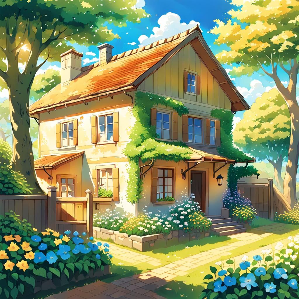 Sunlit Rural House in Anime Style