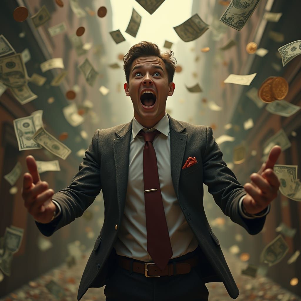 Ultra-Realistic Portrait of a Young Man in a Sea of Currency