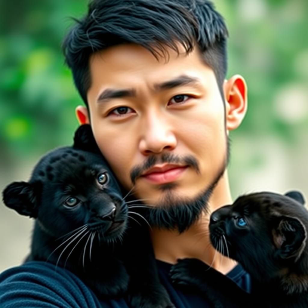 Chinese Man Poses with Black Panther Cubs