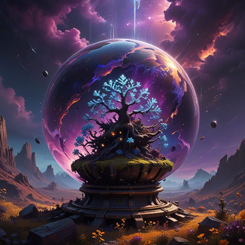 Surreal Galaxy Scene with Vibrant Snowflakes