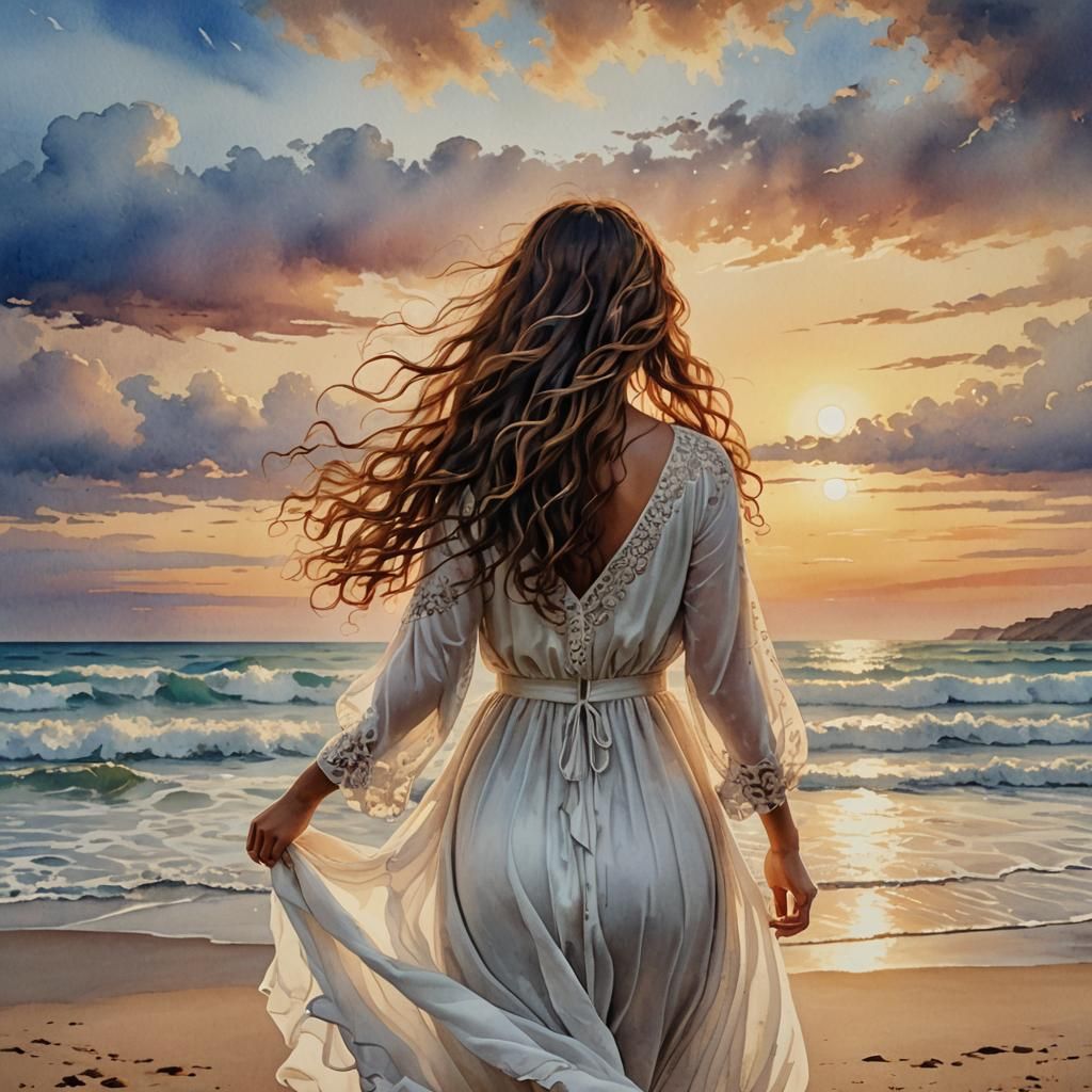Watercolor Woman Gazing at Beach Sunset