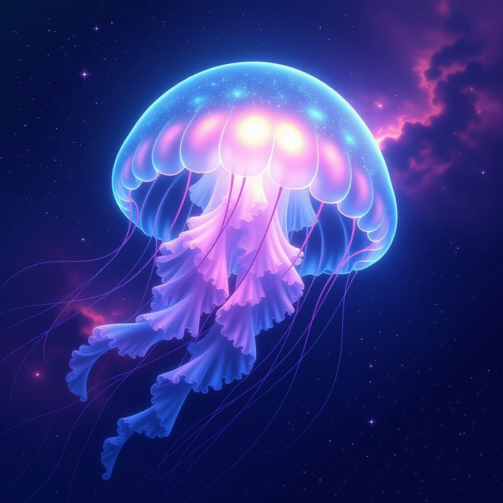 Giant Bioluminescent Jellyfish Drifting Through Nebula