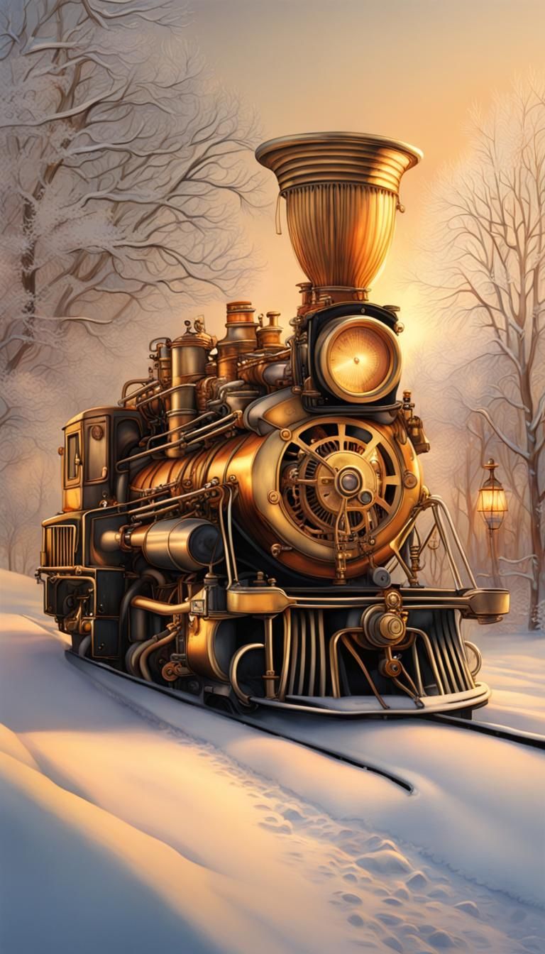 Steampunk Engine in Winter Wonderland at Golden Hour