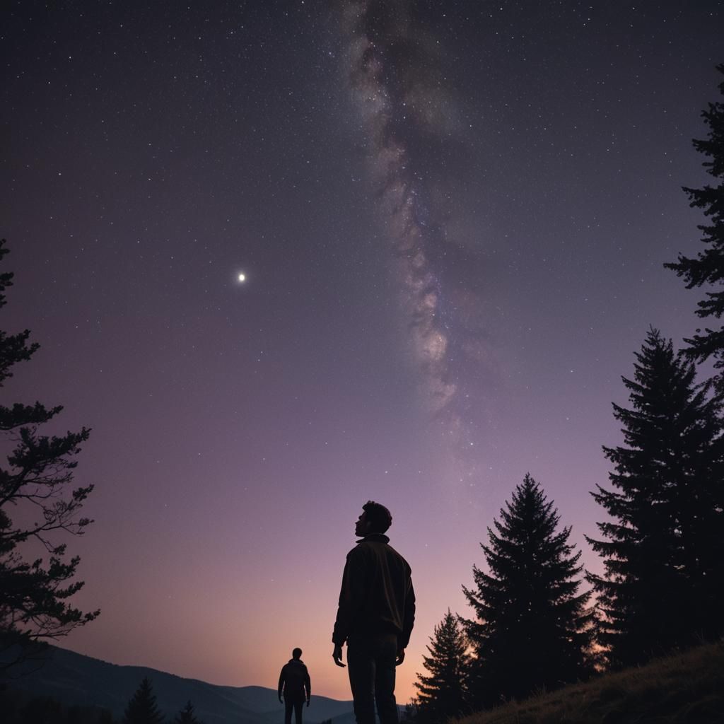 Man Gazing at Starry Night Sky in Film Noir Style