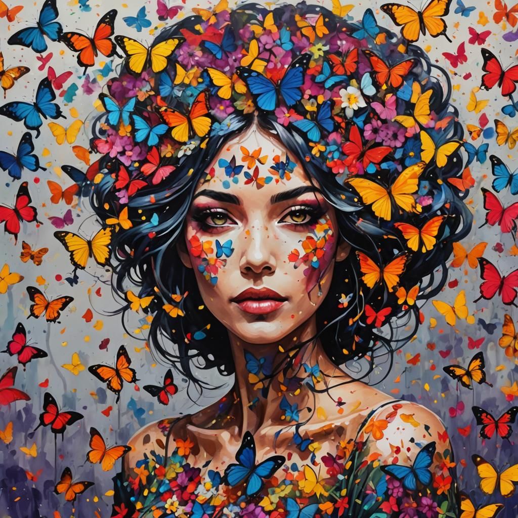 Butterfly Woman: Inkblot Portrait in Expressionist Style