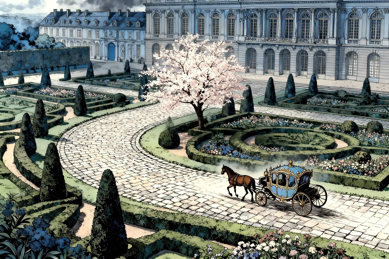 18th Century European Palace Aerial View in Manhwa Style