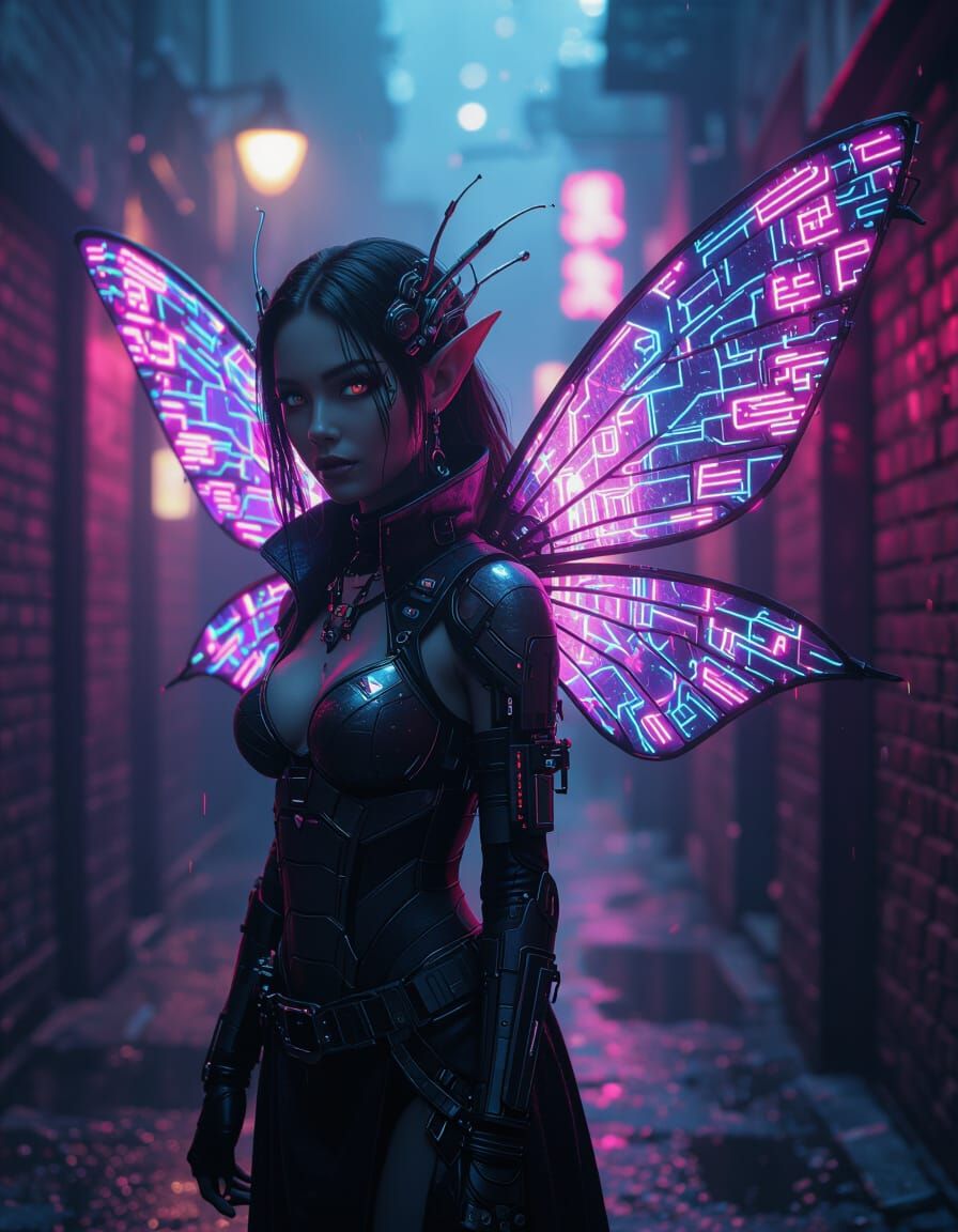 Cybernetic Fairy with Neon Wings in Cyberpunk Alley