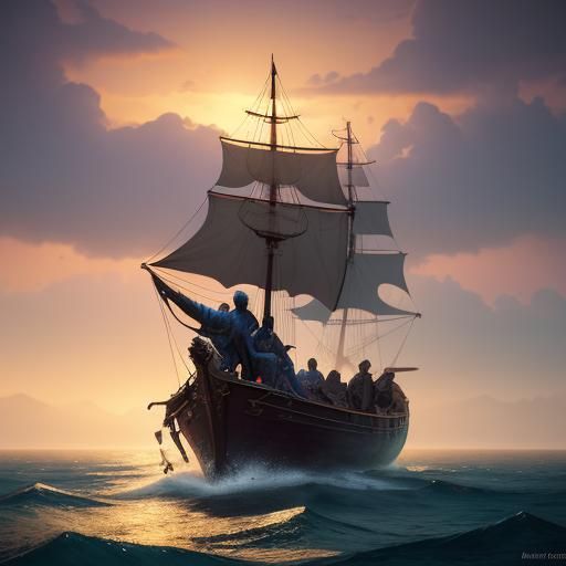 Fantasy Scene: Woman and Child on Sea at Sunrise