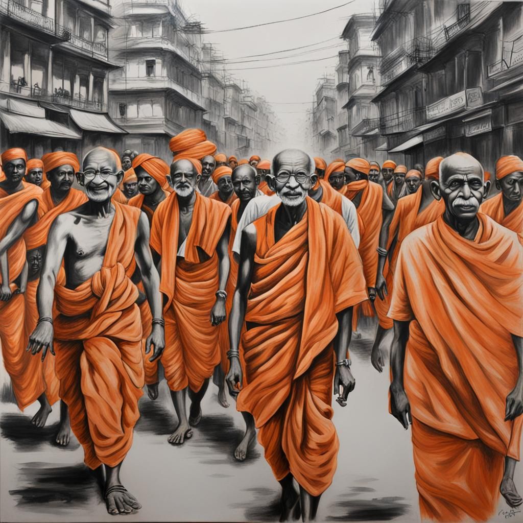 Mahatma Gandhi in Kolkata: Hyperdetailed Charcoal Drawing