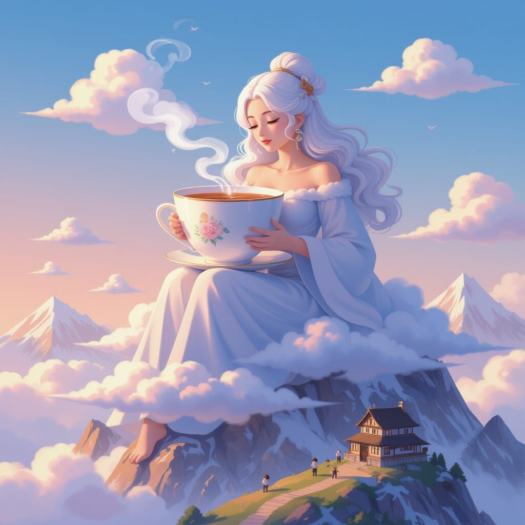 Giant Cloud Woman Sips Tea Over Mountain Village